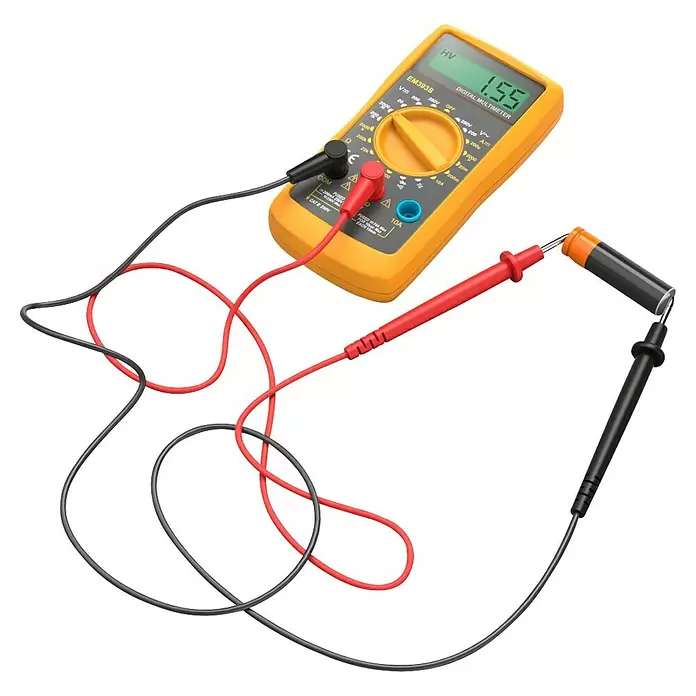 Hama Digital-Multimeter - L x B x H: 28 x 70 x 137 mm, Kunststoff, Gelb - Gelbes Digitalmultimeter mit schwarzen und roten Messleitungen an einer Batterie, Anzeige: 1.55.