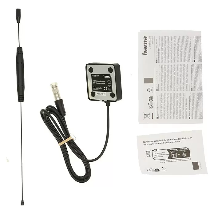 Hama Zimmerantenne Basic, passiv - DAB+, DAB, DVB-T2, UKW, Kabellänge: 1,45 m, Koax - Schwarze Hama DVB-T Zimmerantenne mit Kabel, silbernem Stecker und Bedienungsanleitungen.