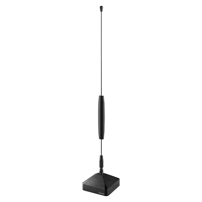 Hama Zimmerantenne Basic, passiv - DAB+, DAB, DVB-T2, UKW, Kabellänge: 1,45 m, Koax - Schwarze Hama Zimmerantenne mit schlankem Stab, zylindrischem Gehäuse und strukturierter rechteckiger Basis.