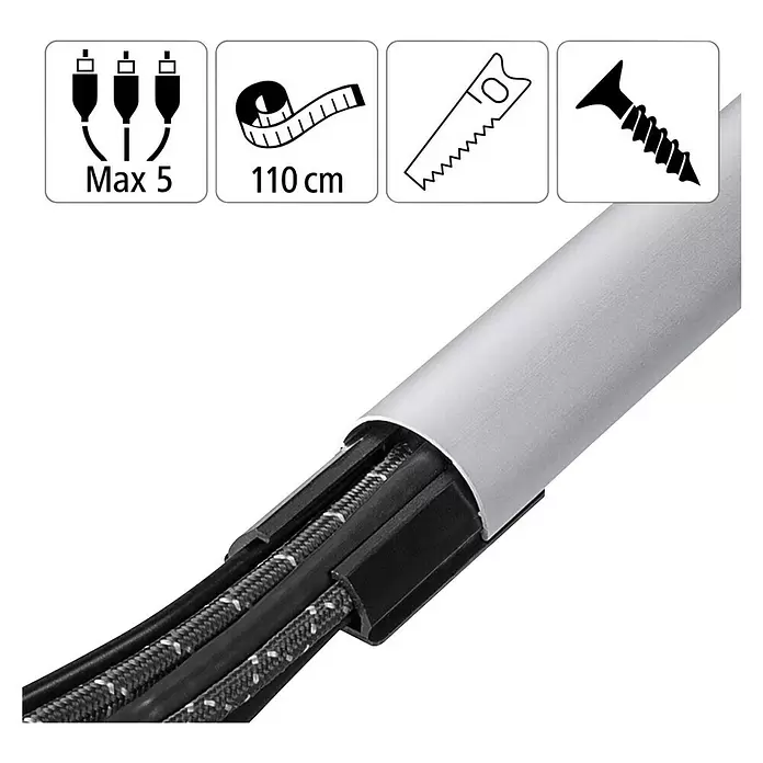 Hama Kabelkanal - 1,1 m x 33 mm x 18 mm, Aluminium - Silberne Kabelkanal, teilweise offen, mit mehreren Kabeln sauber darin organisiert.