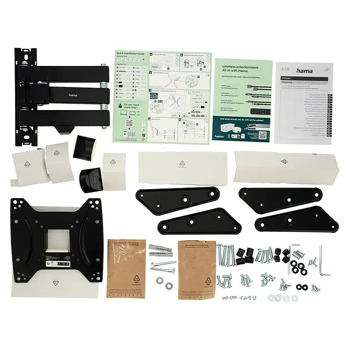Hama TV-Wandhalterung schwenkbar - Passend für: Bildschirmdiagonale 32 - 65″, 81 - 165 cm, Belastbarkeit: 25 kg, Wandabstand: 5,6 cm - 41,6 cm - Produktfoto eines Hama TV-Wandhalterungs-Sets mit Zubehör und Anleitungen für eine einfache und sichere Installation an der Wand.