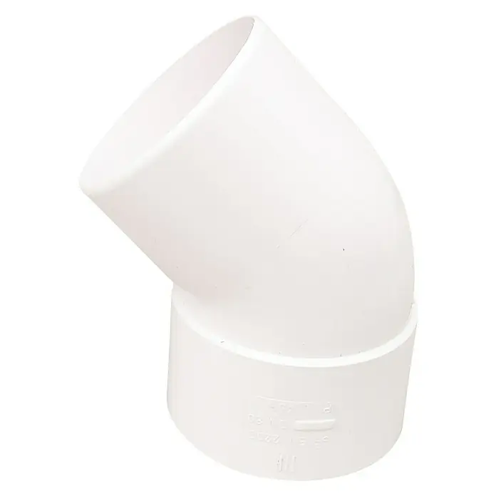 Dakota Codo de tubo - 80 mm, 45 °, Blanco - Un codo de tubo de PVC blanco en un ángulo de 45 grados, diseñado para aplicaciones de plomería. Perfecto para instalar sistemas de drenaje.