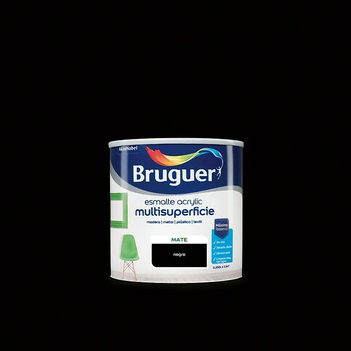Bruguer Esmalte de color Acrylic Multisuperficie - Negro, Mate, 250 ml, Base de agua - Un bote de pintura acrílica multi-superficie Bruguer en negro, ideal para madera, metal, plástico y textiles. Máxima resistencia garantizada.