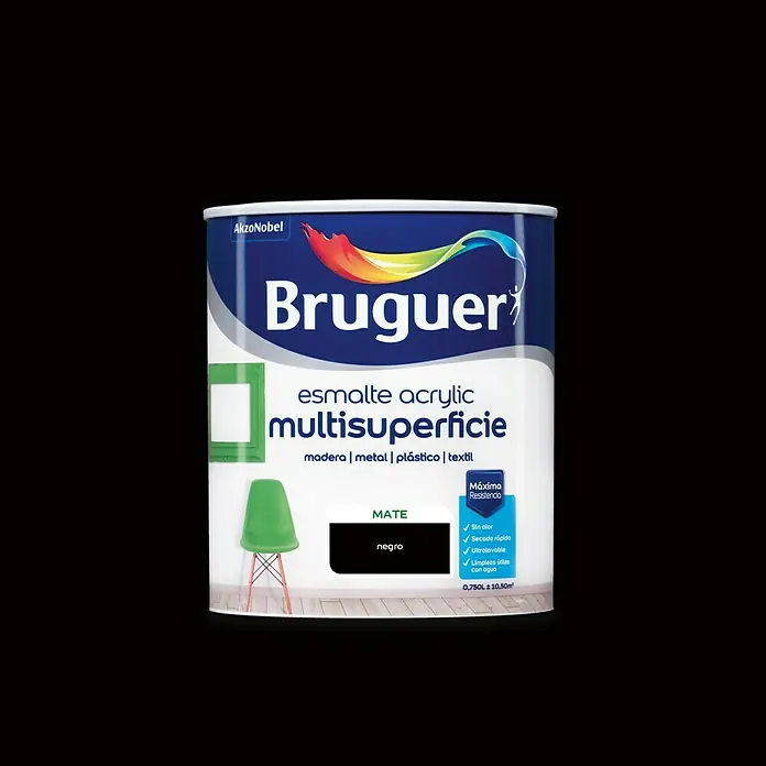 Bruguer Esmalte de color Acrylic Multisuperficie - Negro, Mate, 750 ml, Base de agua - Bote de pintura acrílica multi superficie Bruguer en negro mate, ideal para madera, metal, plástico y textiles.