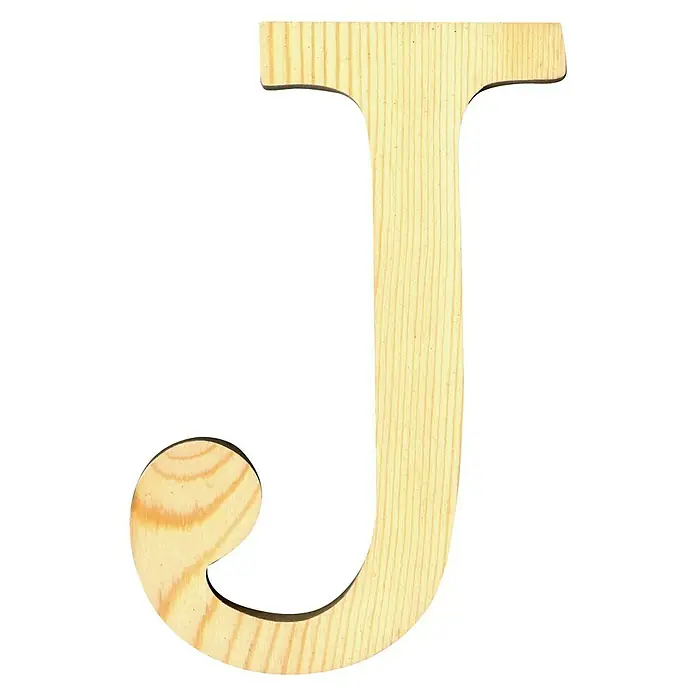 Artemio Letra de madera - Motivo: J, L x An x Al: 19 x 1 x 19 cm, Madera - Una letra "J" de madera hecha de madera clara con grano visible, perfecta para proyectos de manualidades y decoraciones personalizadas.