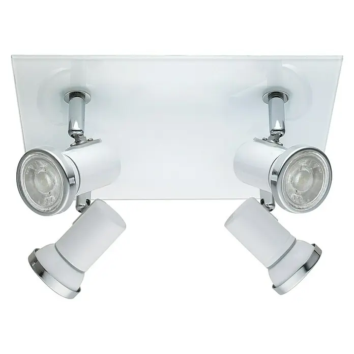 Eglo LED-Deckenstrahler Tamara 1 - 12 W, L x B x H: 26 x 26 x 24 cm, Chrom, Weiß - Deckenleuchte mit vier Strahlern auf einer rechteckigen, weißen Glasplatte für eine moderne Beleuchtungslösung.