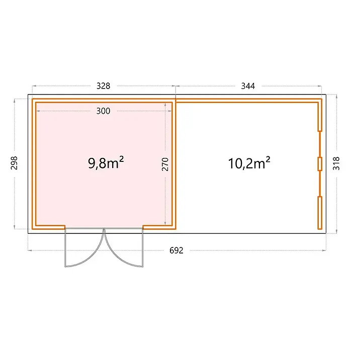 Telluria Metallgerätehaus Classico 3330 mit Lounge L rechts inkl. 2 Fenster und Elektro-Set - Außenmaß inkl. Dachüberstand (B x T): 692 x 318 cm, Stahl, Anthrazit, Inkl. Innenwandverkleidung & Elektro-Set - Grundriss eines Gebäudes mit zwei Räumen unterschiedlicher Größe und einem Eingangsbereich. Die Flächenangaben sind 9,8m² und 10,2m².