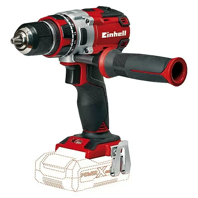 Einhell PXC 18V Taladro atornillador de batería TE-CD 18 Li - 18 V, Sin batería - Taladro percutor a batería Einhell rojo y negro con empuñadura auxiliar y clip para cinturón, sin batería.