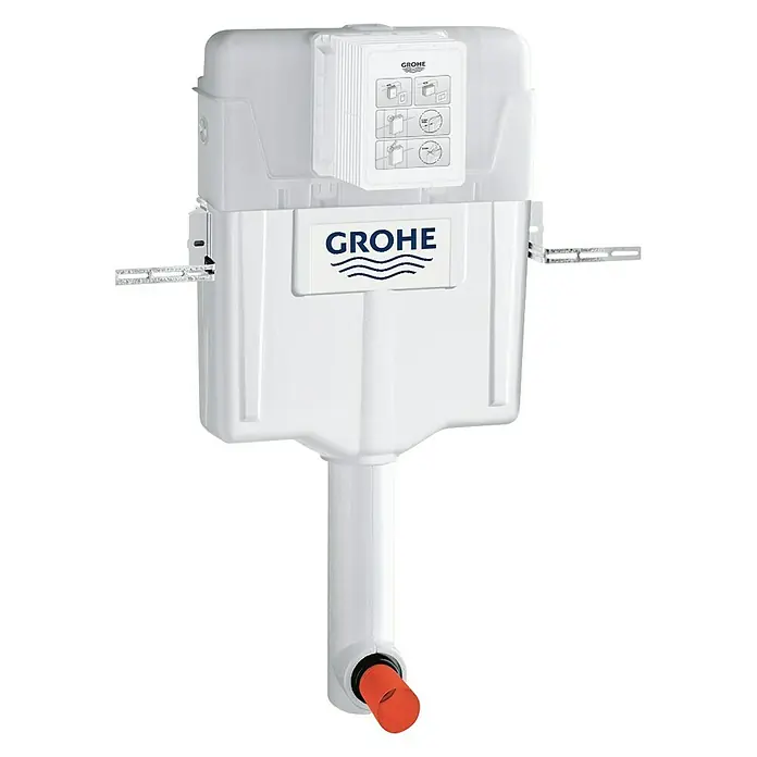 Grohe Unterputz-Spülkasten GD 2 - 2-Mengen-Spülung, 11,8 x 46,7 x 77 cm - Bild eines Grohe Unterputz-Spülkastens mit Installationsanleitung und rot markiertem Anschluss für eine einfache Installation.