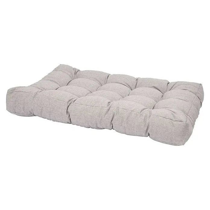 Sitzkissen - Hellgrau, Europaletten-Auflage, L x B: 120 x 80 cm, Materialzusammensetzung Bezug: Polyester - Eine Nahaufnahme eines rechteckigen Hundebetts mit gestepptem, grauem Stoffbezug, das Komfort und Stil für Haustiere bietet.