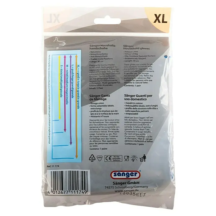 Sänger Haushaltshandschuhe Prima - XL, Stahlblau, Naturlatex - Produktverpackung: Sänger Haushaltshandschuhe in XL Größe, aus Naturlatex mit Veloursfutter für leichte Hausarbeiten.