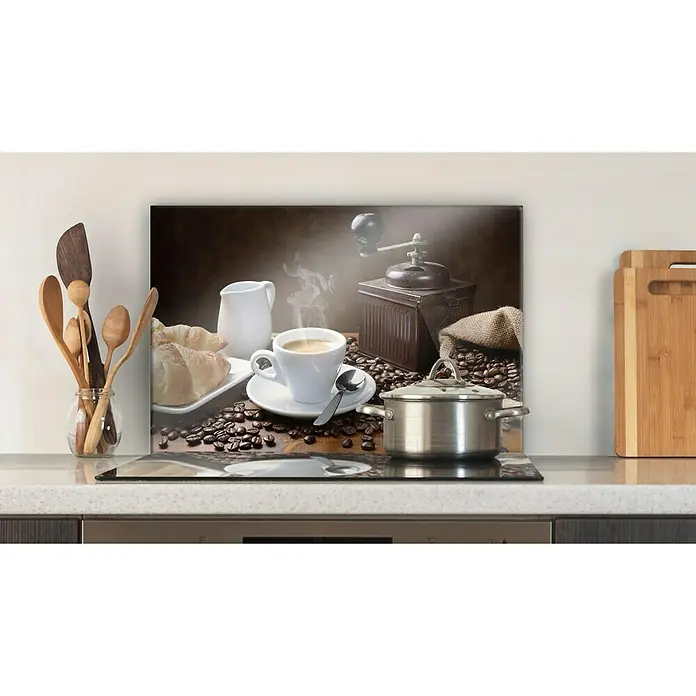 CUCINE Küchenrückwand - Coffee Fragrance, 60 x 40 cm, Stärke: 6 mm, Einscheibensicherheitsglas (ESG) - Küchenrückwand mit Kaffeemotiv. Die Rückwand zeigt eine Kaffeemühle, Kaffeebohnen, eine Tasse Kaffee und Croissants.