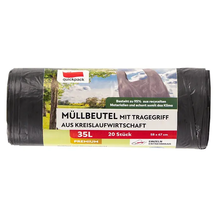 Quickpack Müllbeutel mit Tragegriff - 35 l, 20 Stk., Dunkelgrau - Eine Rolle Quickpack Müllbeutel mit Tragegriff, 35L, 20 Stück, aus Kreislaufwirtschaft und besteht zu 95% aus recycelten Materialien.