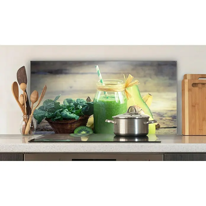 CUCINE Küchenrückwand - Green Smoothie, 80 x 40 cm, Stärke: 6 mm, Einscheibensicherheitsglas (ESG) - Küchenrückwand mit einem Bild von Zutaten für einen grünen Smoothie, wie Spinat, Kiwi und Banane. Dekoratives Küchenelement.