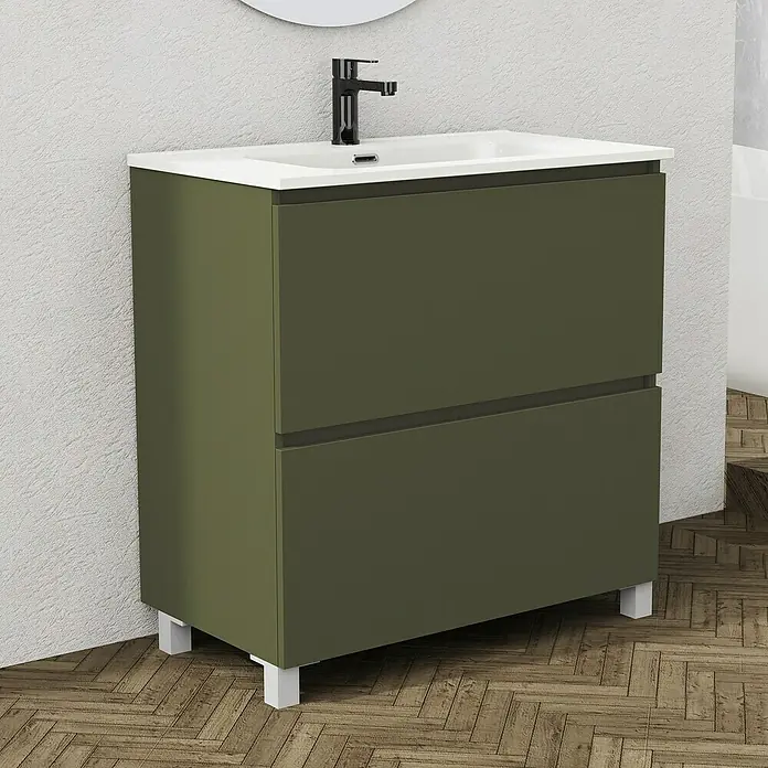 Artysan Conjunto de mueble de baño Ariel - Ancho: 80 cm, Verde olivo, 3 pzs. - Un moderno mueble de baño verde oliva con patas blancas y lavabo blanco ofrece almacenamiento elegante y funcionalidad.