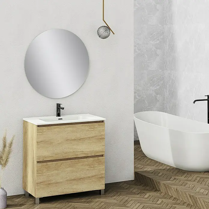 Artysan Conjunto de mueble de baño Ariel - Ancho: 80 cm, Nature, 3 pzs. - Baño moderno con mueble de lavabo de madera clara, espejo redondo y bañera exenta.