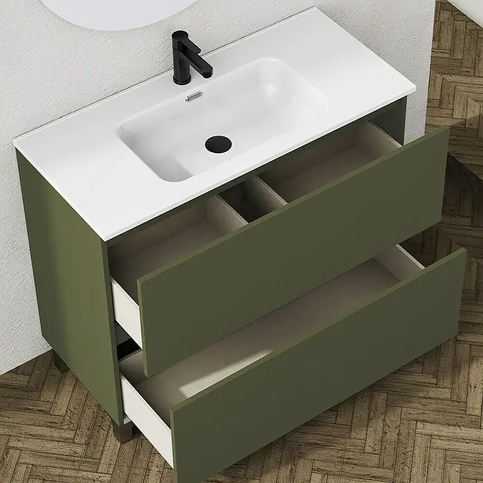 Artysan Conjunto de mueble de baño Ariel - Ancho: 100 cm, Verde olivo, 3 pzs. - Mueble de baño moderno con dos cajones en verde oliva y lavabo blanco. Cuenta con un grifo negro y parquet de madera clara.