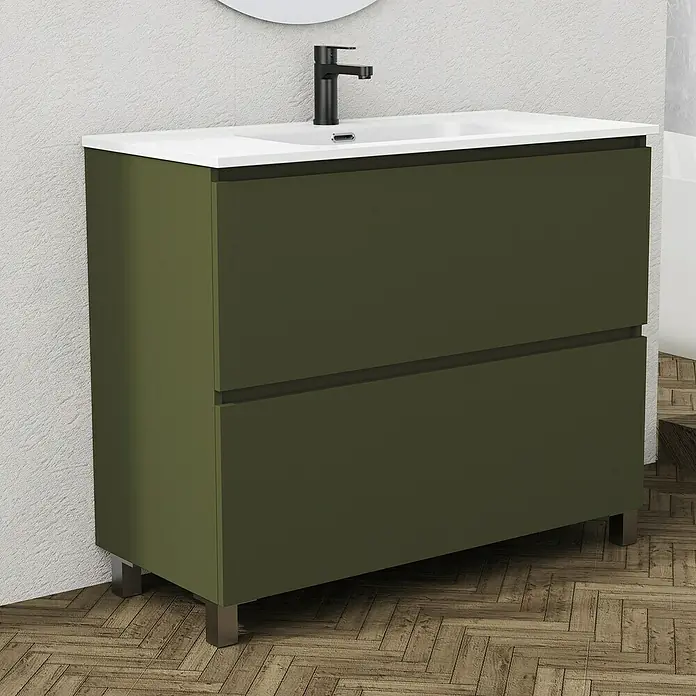 Artysan Conjunto de mueble de baño Ariel - Ancho: 100 cm, Verde olivo, 3 pzs. - Mueble de lavabo moderno en verde oliva con encimera blanca y grifo negro, ideal para un baño con estilo.