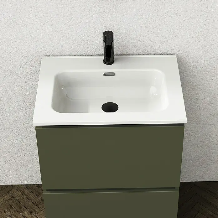 Artysan Conjunto de mueble de baño Ariel - Ancho: 70 cm, Verde olivo, 3 pzs. - Primer plano de un tocador de baño moderno con gabinete verde, encimera blanca y grifo negro.