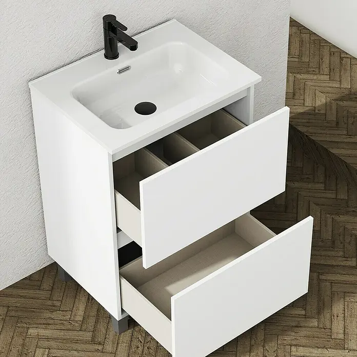 Artysan Conjunto de mueble de baño Ariel - Ancho: 70 cm, Blanco, 3 pzs. - Un mueble de lavabo blanco con dos cajones abiertos y un grifo moderno, perfecto para cualquier baño.