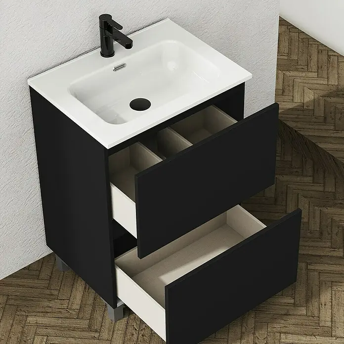 Artysan Conjunto de mueble de baño Ariel - Ancho: 70 cm, Negro, 3 pzs. - Imagen de un moderno mueble de baño con lavabo, frentes negros y cajones abiertos.