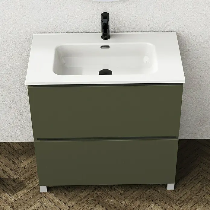 Artysan Conjunto de mueble de baño Ariel - Ancho: 80 cm, Verde olivo, 3 pzs. - Moderno lavabo con mueble verde oliva y lavabo blanco para un ambiente de baño elegante.
