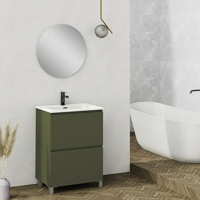 Artysan Conjunto de mueble de baño Ariel - Ancho: 70 cm, Verde olivo, 3 pzs. - Imagen de un moderno mueble de baño verde oliva con espejo redondo y bañera exenta.