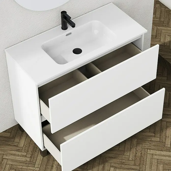 Artysan Conjunto de mueble de baño Ariel - Ancho: 100 cm, Blanco, 3 pzs. - Un moderno mueble de baño blanco con dos cajones abiertos y un grifo negro para el baño.