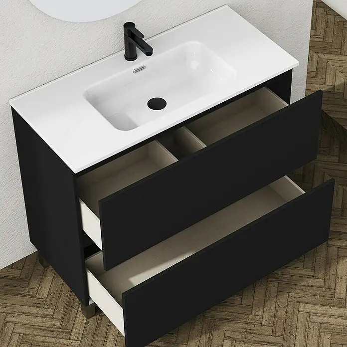 Artysan Conjunto de mueble de baño Ariel - Ancho: 100 cm, Negro, 3 pzs. - Un moderno mueble de baño con cajones abiertos, una encimera blanca y un grifo negro.