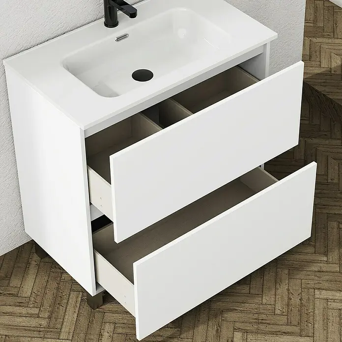 Artysan Conjunto de mueble de baño Ariel - Ancho: 80 cm, Blanco, 3 pzs. - Mueble de baño moderno con lavabo y dos cajones abiertos, ideal para un diseño de baño con estilo.