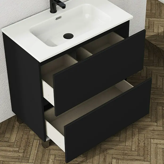 Artysan Conjunto de mueble de baño Ariel - Ancho: 80 cm, Negro, 3 pzs. - Elegante lavabo con mueble bajo en blanco y negro. El mueble cuenta con dos cajones abiertos, que ofrecen espacio de almacenamiento adicional en el baño.
