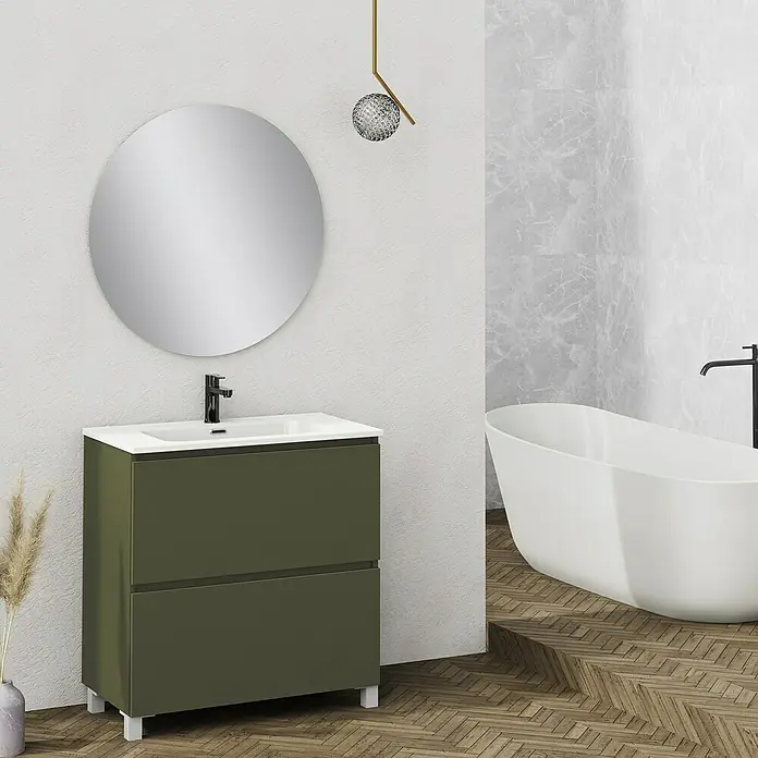 Artysan Conjunto de mueble de baño Ariel - Ancho: 80 cm, Verde olivo, 3 pzs. - Elegante conjunto de baño con mueble bajo lavabo verde oliva, lavabo y espejo. Muebles de baño modernos para detalles con estilo.