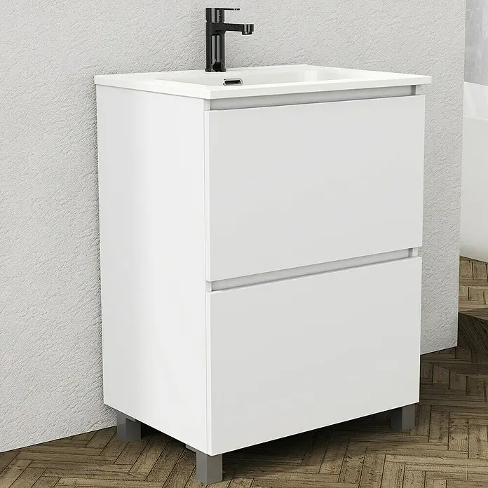 Artysan Conjunto de mueble de baño Ariel - Ancho: 70 cm, Blanco, 3 pzs. - Elegante mueble de baño blanco con dos cajones y grifo negro moderno para un baño con estilo.