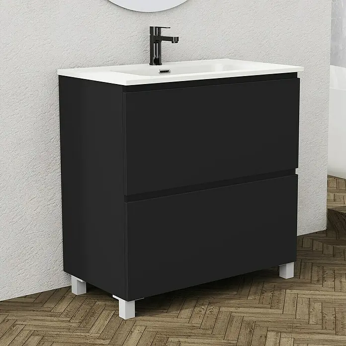 Artysan Conjunto de mueble de baño Ariel - Ancho: 80 cm, Negro, 3 pzs. - Elegante conjunto de lavabo negro con lavabo blanco y grifo moderno, ideal para un baño contemporáneo.