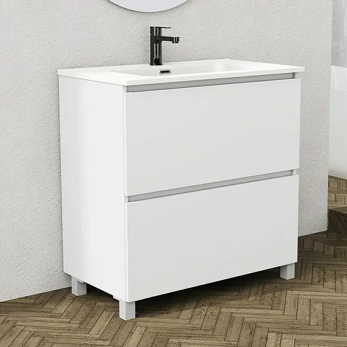 Artysan Conjunto de mueble de baño Ariel - Ancho: 80 cm, Blanco, 3 pzs. - Mueble de baño moderno blanco con dos cajones, lavabo y grifo negro para un baño elegante.