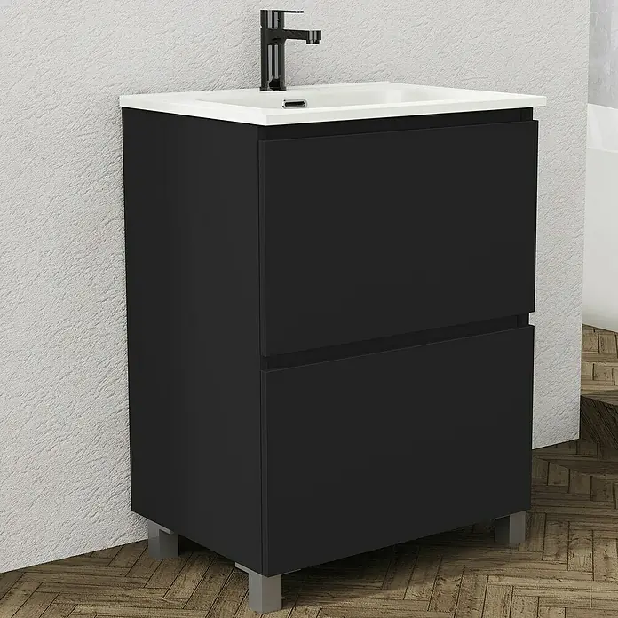 Artysan Conjunto de mueble de baño Ariel - Ancho: 70 cm, Negro, 3 pzs. - Mueble de baño negro con lavabo blanco y grifo minimalista para diseños de baño contemporáneos.