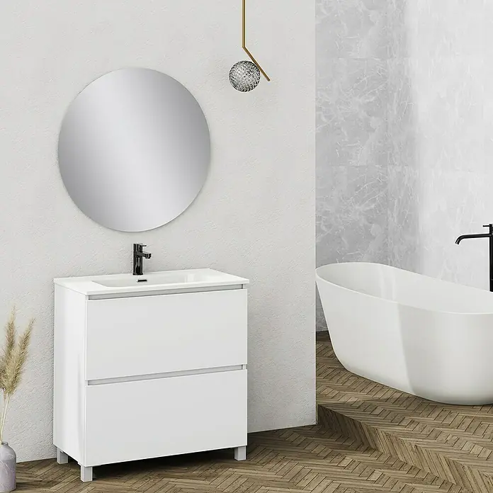 Artysan Conjunto de mueble de baño Ariel - Ancho: 80 cm, Blanco, 3 pzs. - Baño con mueble de lavabo blanco, espejo redondo y bañera independiente.