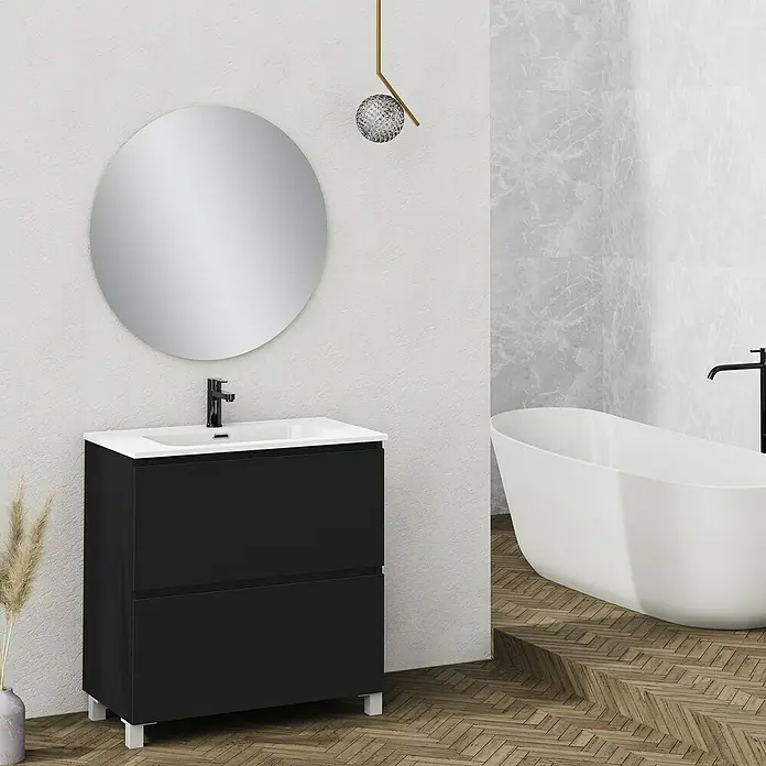 Artysan Conjunto de mueble de baño Ariel - Ancho: 80 cm, Negro, 3 pzs. - Elegante lavabo de baño con armario negro, espejo redondo y grifo moderno para un ambiente elegante.
