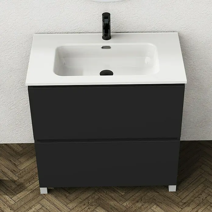 Artysan Conjunto de mueble de baño Ariel - Ancho: 80 cm, Negro, 3 pzs. - Moderno mueble de baño negro con lavabo blanco y grifo negro para un baño elegante.