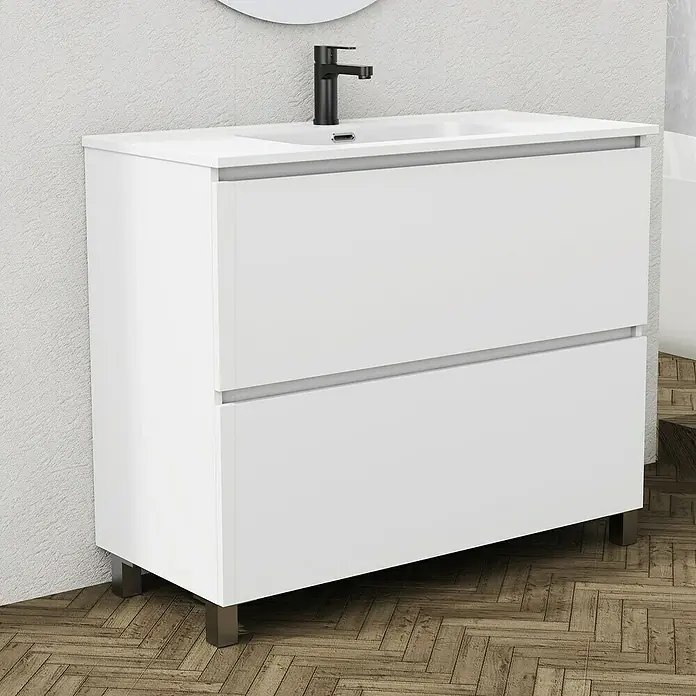 Artysan Conjunto de mueble de baño Ariel - Ancho: 100 cm, Blanco, 3 pzs. - Elegante lavabo de baño blanco moderno con diseño minimalista y accesorios negros, ideal para baños con estilo.