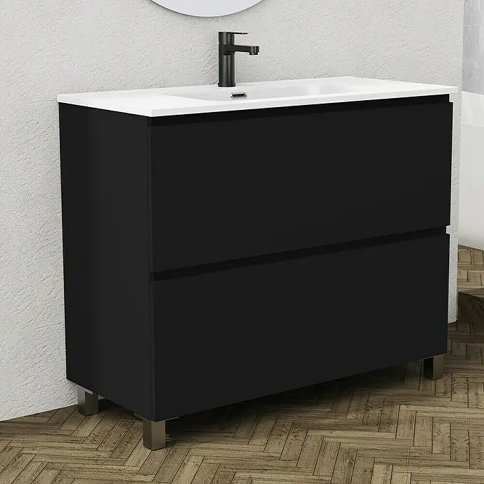 Artysan Conjunto de mueble de baño Ariel - Ancho: 100 cm, Negro, 3 pzs. - Elegante mueble de baño negro con lavabo blanco y diseño minimalista para un baño moderno.