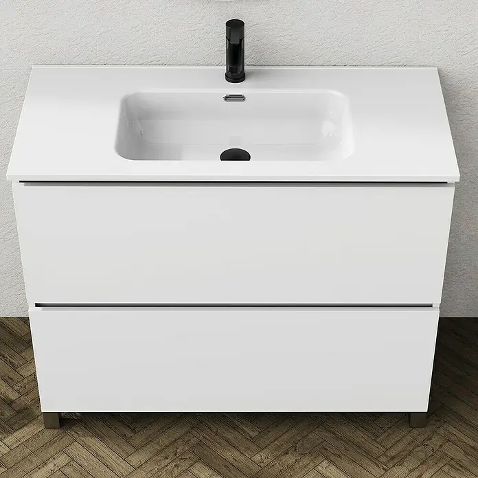 Artysan Conjunto de mueble de baño Ariel - Ancho: 100 cm, Blanco, 3 pzs. - Baño moderno con mueble de lavabo blanco de dos cajones y un grifo negro elegante.