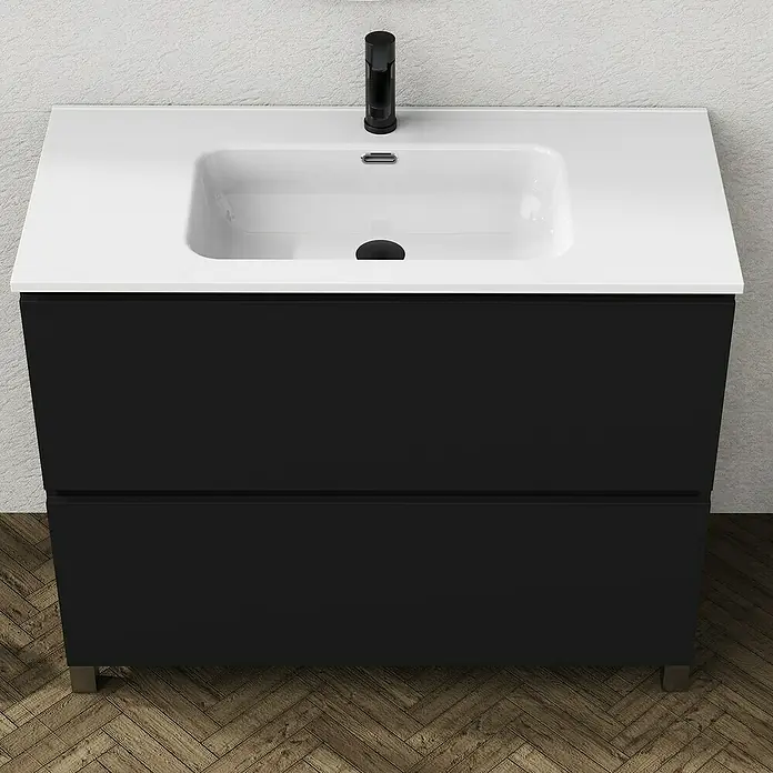 Artysan Conjunto de mueble de baño Ariel - Ancho: 100 cm, Negro, 3 pzs. - Primer plano de un tocador de baño moderno con lavabo, frente negro y encimera blanca, que muestra un diseño de baño elegante.