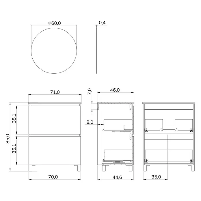 Artysan Conjunto de mueble de baño Ariel - Ancho: 70 cm, Negro, 3 pzs. - Vista del producto: Mueble bajo lavabo con cajones, dimensiones detalladas y diseño para muebles de baño.