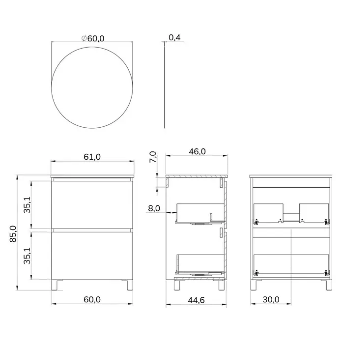 Artysan Conjunto de mueble de baño Ariel - Ancho: 60 cm, Blanco, 3 pzs. - Dibujo técnico de un lavabo con mueble bajo, dimensiones en mm.