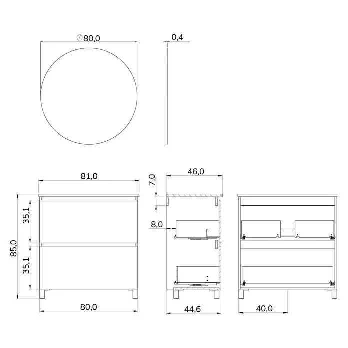 Artysan Conjunto de mueble de baño Ariel - Ancho: 80 cm, Verde olivo, 3 pzs. - Dibujo técnico de un mueble de baño con lavabo y dos cajones. Se indican las dimensiones.