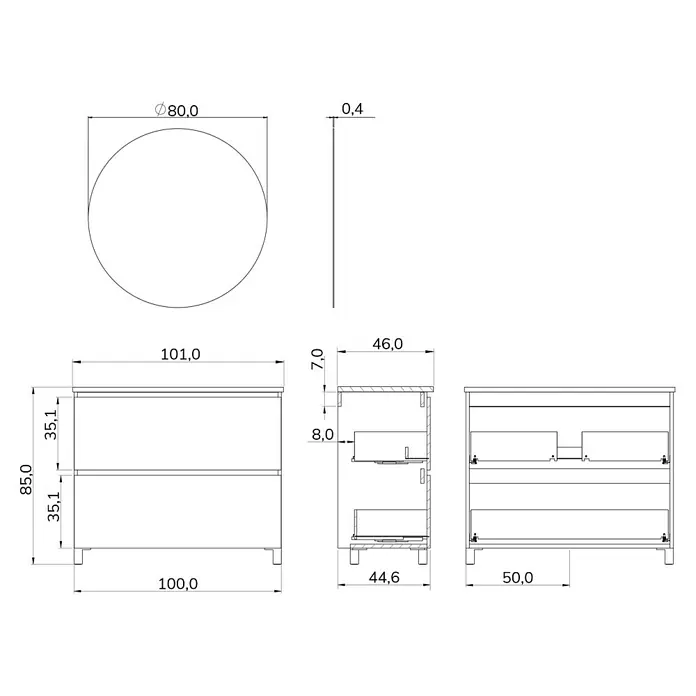 Artysan Conjunto de mueble de baño Ariel - Ancho: 100 cm, Verde olivo, 3 pzs. - Dibujo técnico de un mueble de baño con espejo redondo y cajones, incluyendo dimensiones y vistas.