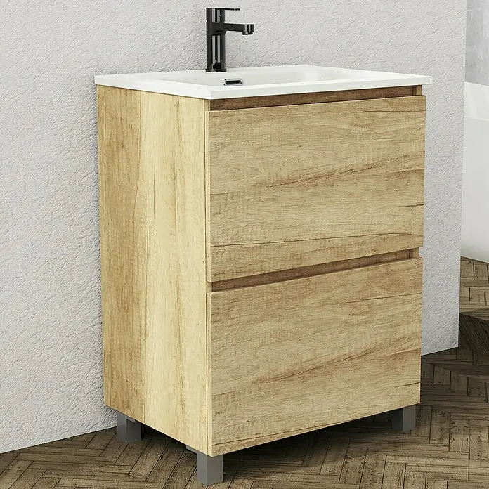 Artysan Conjunto de mueble de baño Ariel - Ancho: 60 cm, Nature, 3 pzs. - Primer plano de un tocador de baño con dos cajones con aspecto de madera y un moderno grifo negro.