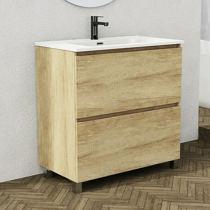 Artysan Conjunto de mueble de baño Ariel - Ancho: 80 cm, Nature, 3 pzs. - Un moderno mueble de baño con acabado de madera y lavabo sobre encimera blanco. Ideal para un baño elegante.