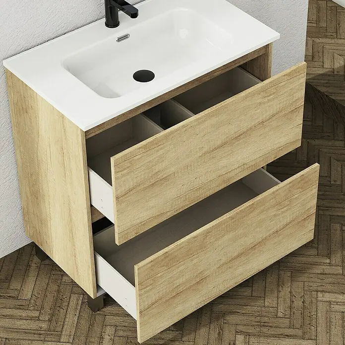Artysan Conjunto de mueble de baño Ariel - Ancho: 80 cm, Nature, 3 pzs. - Un moderno mueble de baño con aspecto de madera con dos cajones y un lavabo blanco. El mueble de baño ofrece mucho espacio de almacenamiento.
